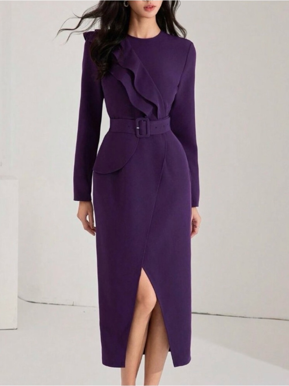 NWOT Royal Purple Long Sleeve Ruffle Belted Midi Dress, Size Large